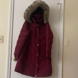 Women's super warm 3/4 length Burgundy Puffer Coat with Faux Fur Trim
